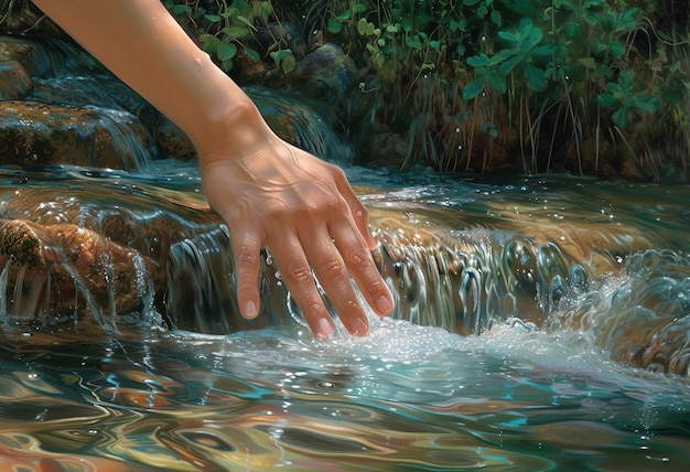 Ein Moment der Gelassenheit: Hände, die die Essenz von klarem fließendem Wasser inmitten von üppigem Grün erfassen
