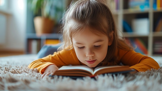 Foto ein moment der ruhe ein mädchen, das ein buch in einem gemütlichen haus liest die magie des lesens, neue welten zu entdecken