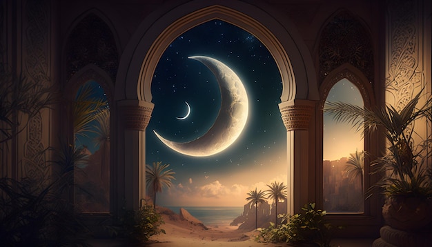 Ein Mond in einem Fenster mit einer Palme im Hintergrund