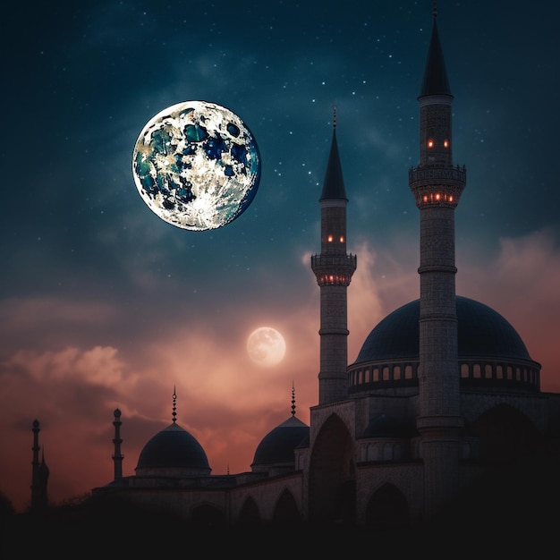 Ein Mond steht am Himmel über einer Moschee mit einer großen Kuppel und einer Kuppel mit dem Mond darauf