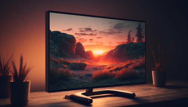 Ein Monitor mit einem Sonnenuntergang auf dem Bildschirm