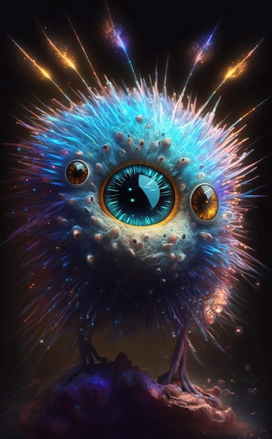 Ein Monster mit einem blauen Auge und einem schwarzen Hintergrund.