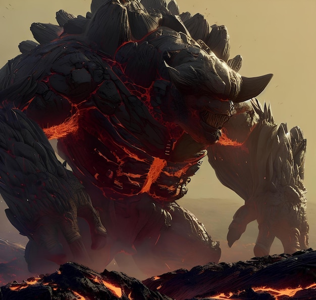 Ein Monster mit einer Lava- und Felslandschaft im Hintergrund