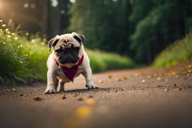 Ein Mops auf einer Straße mit einem roten Halstuch um das Maul