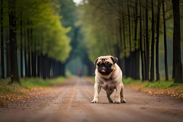 Ein Mops auf einer unbefestigten Straße in den Niederlanden