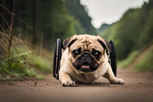 Ein Mops liegt mit einem Aufkleber auf dem Maul auf einer unbefestigten Straße.