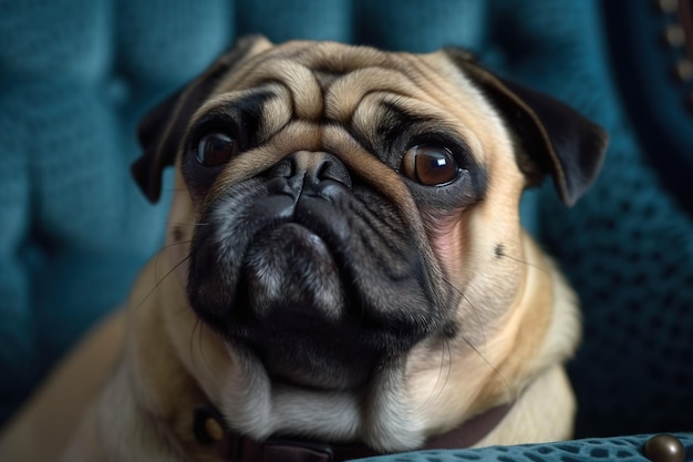 Ein Mops mit braunem Halsband sitzt auf einer blauen Couch.