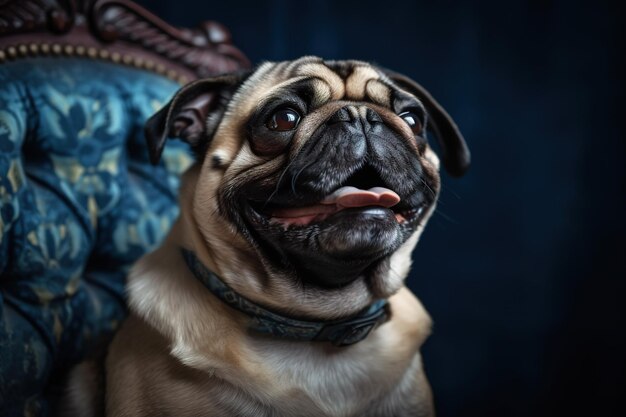 Ein Mops mit Halsband und Halsband sitzt vor einem blauen Stuhl.