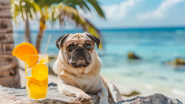 Ein Mops mit Sonnenbrille sonnt an einem tropischen Strand