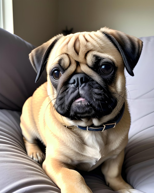 Ein Mops sitzt mit einem Halsband auf einer Couch