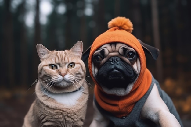 Ein Mops und eine Katze sitzen nebeneinander