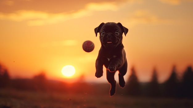 Ein Mops-Welpe, der bei Sonnenuntergang in einem Hinterhof einem Spielzeug nachjagt