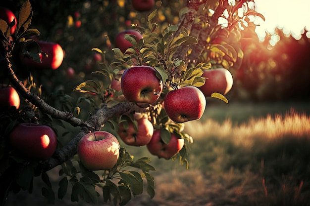 Ein morgendliches Foto von reifen Äpfeln in einem Obstgarten, die erntereif sind