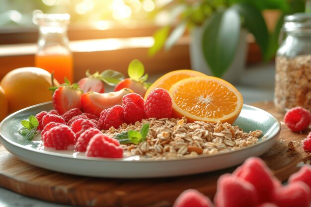 Ein morgendliches Sonnenlichtfoto, auf dem eine köstliche Schüssel Granola mit frischem Obst oben festgehalten wird