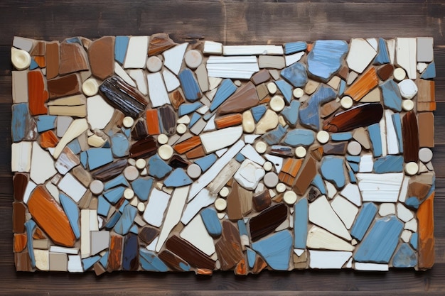 Ein Mosaik aus zerbrochenen Keramikstücken auf einem hölzernen Hintergrund