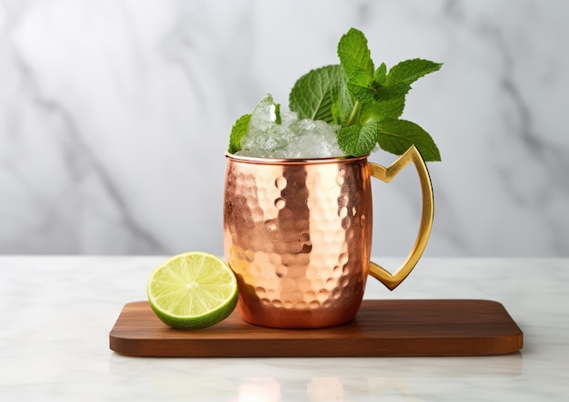 Ein Moscow Mule auf einer Marmorarbeitsplatte, der seine Eleganz und seinen Stil unterstreicht