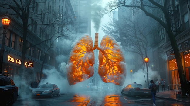 Ein motivierendes Poster mit der Botschaft "Sie können aufhören" neben Bildern von gesunden Lungen und