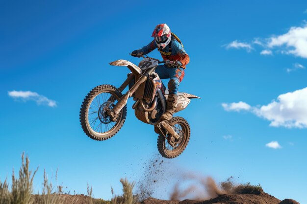 Foto ein motocross-fahrer im midjump gegen einen klaren blauen himmel
