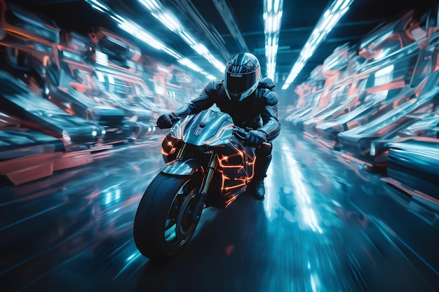 Ein Motorrad fährt durch einen digitalen Tunnel und hinterlässt Code-Spuren und digitale Funken