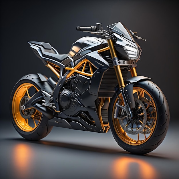 Ein Motorrad mit goldenen Verzierungen und schwarzer und silberner Lackierung.