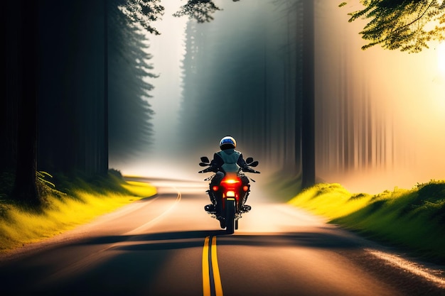 ein Motorradfahrer eilt in den Sonnenstrahlen entlang einer Waldstraße an einem nebligen Morgen