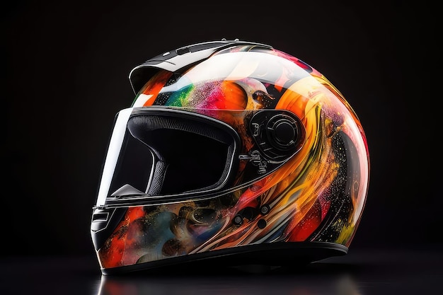 Ein Motorradhelm mit farbenfrohem Design auf der Vorderseite.