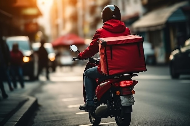 Ein Motorrollerfahrer mit Essenslieferung und rotem Rucksack Generative Ai