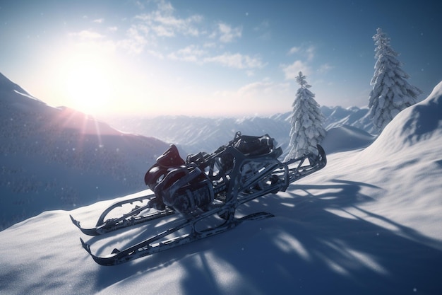 Ein Motorschlitten liegt im Schnee und die Sonne scheint darauf.