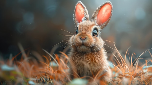 Ein Mountain Cottontail Kaninchen starrt aus dem Gras in die Kamera