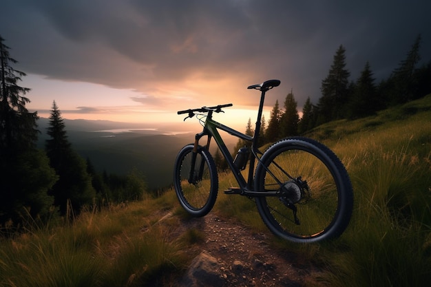 Ein Mountainbike steht vor einem Sonnenuntergang auf einem Weg.