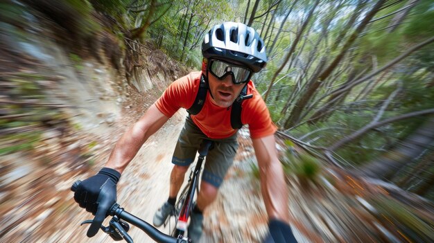 Foto ein mountainbiker benutzt eine helmkamera, um seine wanderung aufzunehmen und mögliche gefahren zu dokumentieren