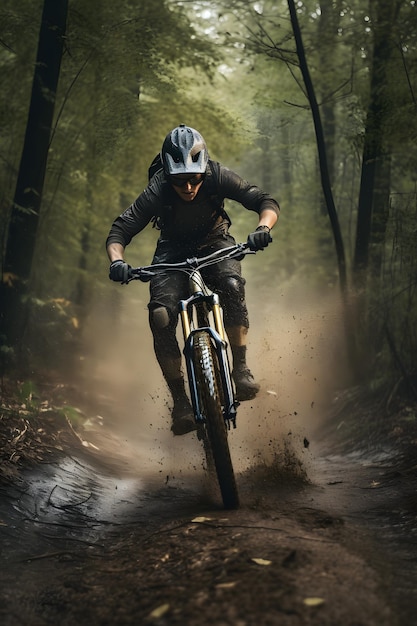 Ein Mountainbiker fährt durch den Wald mit dem Wort Berg auf dem Boden