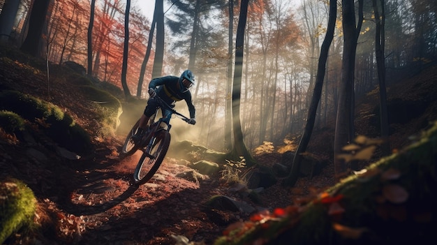 Ein Mountainbiker fährt durch einen Wald mit Herbstfarben auf den Bäumen.