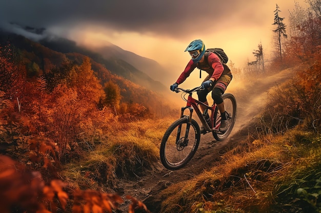 Ein Mountainbiker fährt durch einen Wald mit Herbstfarben im Hintergrund