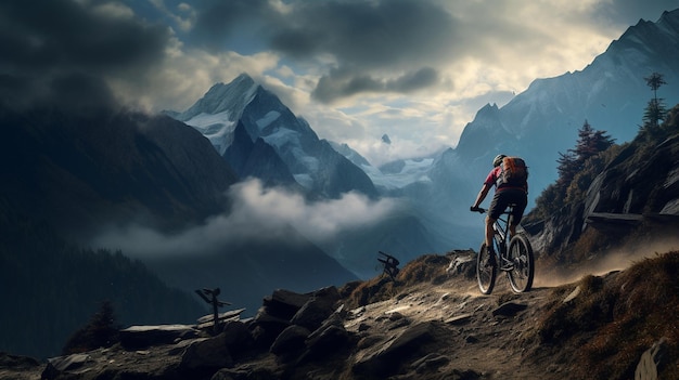 Ein Mountainbiker fährt einen Bergweg vor einer Berglandschaft.