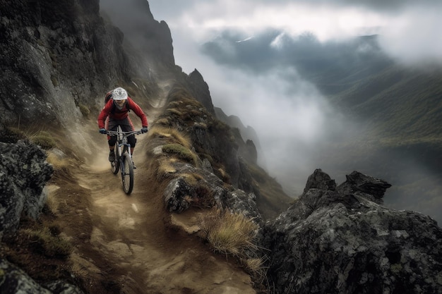 Ein Mountainbiker fährt einen Trail in den Bergen.