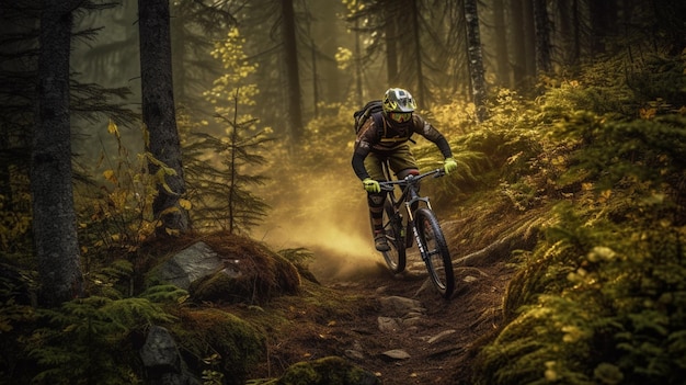 Ein Mountainbiker fährt mit gelbem Helm und Helm auf dem Helm durch einen Wald.