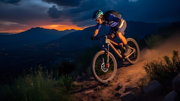 Ein Mountainbiker geht in der Dämmerung einen herausfordernden Weg entlang