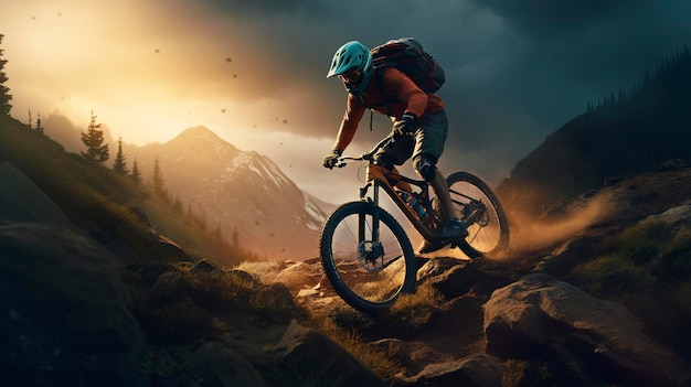 Ein Mountainbiker navigiert durch einen anspruchsvollen Trail