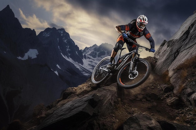 Ein Mountainbiker springt über eine Klippe mit einem Berg im Hintergrund.