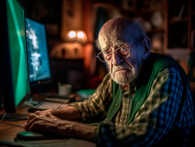 Ein müder, gebrochener, resignierter und besorgter alter Mann sitzt vor einem Computer
