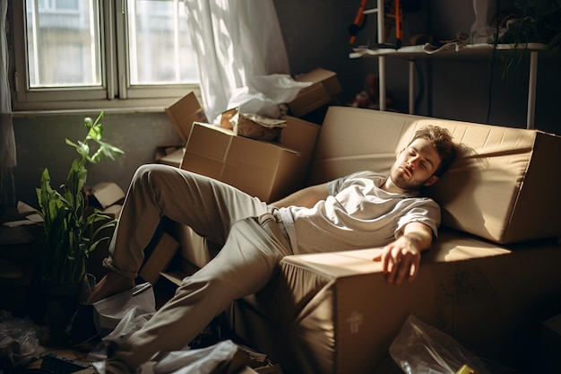 Ein müder Mann schläft an einem Umzugstag auf einem Sofa mit Kartonkisten. Ein junger Mann schlaft auf der Couch ein, nachdem er Kisten gepackt hat, um in eine neue Wohnung zu ziehen. Umzugskonzept