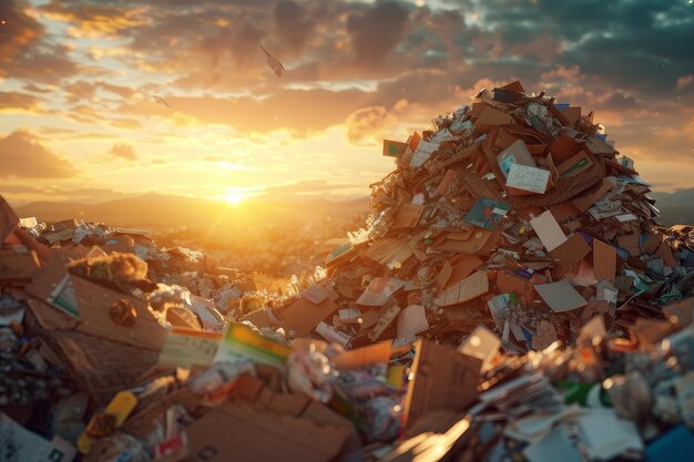 Ein Müllberg ist hoch gestapelt mit Kartonkisten und Plastikflaschen