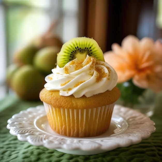 Ein Muffin mit weißer Glasur und einer Kirsche oben drauf.