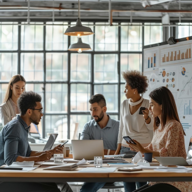 Foto ein multiethnisches geschäftsteam diskutiert ideen in einem modernen büro