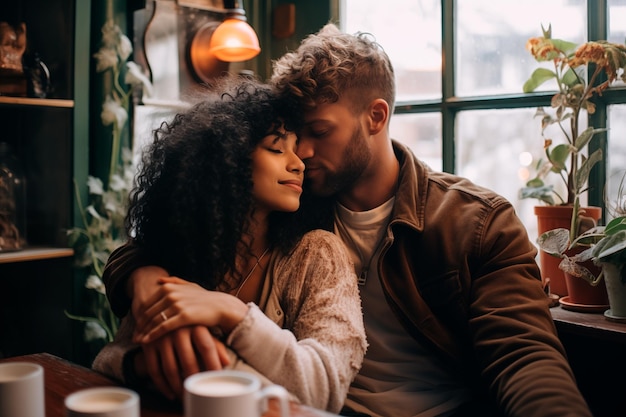 Ein multiethnisches Paar, das sich in einer Cafeteria küssen will