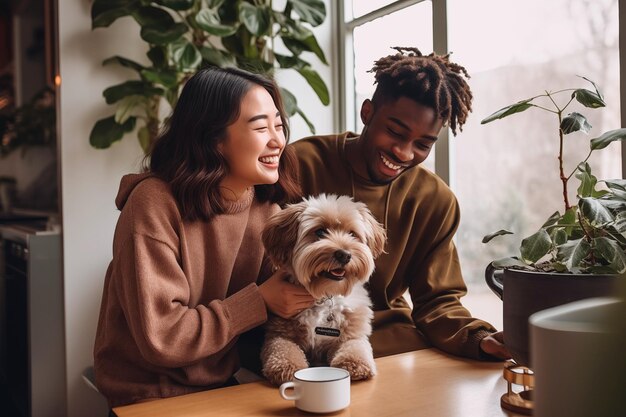 Ein multiethnisches Paar mit einem Hund zu Hause