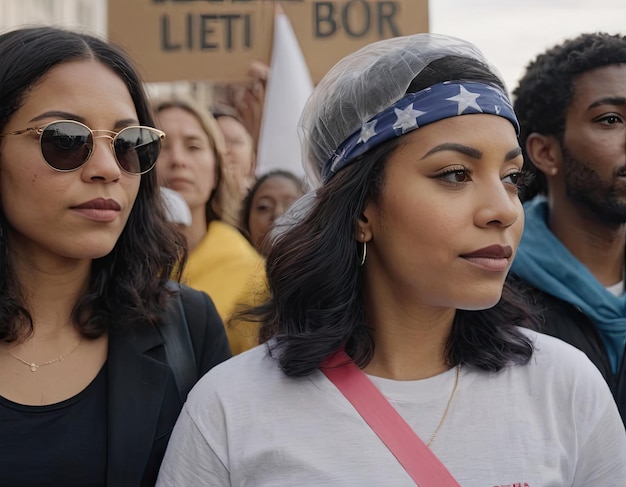 Ein multinationales Mädchen in einem Straßenstreik für die Ermächtigung von Frauen Porträt eines Mischrassen-Mädchens als Reaktion auf einen Protest für Gleichheit, das in die Kamera schaut