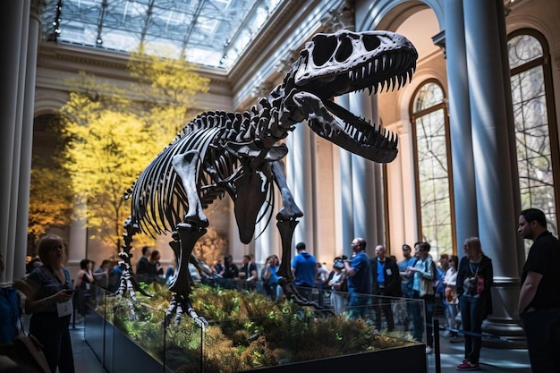 Foto ein museum mit einem großen dinosaurier auf der rückseite