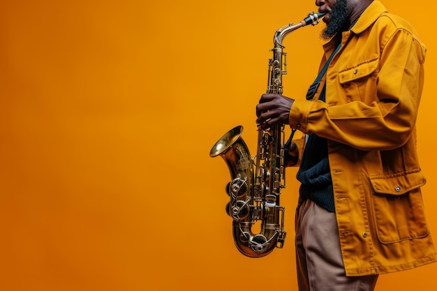 Ein Musiker spielt Saxophon auf einem leuchtend orangefarbenen Hintergrund